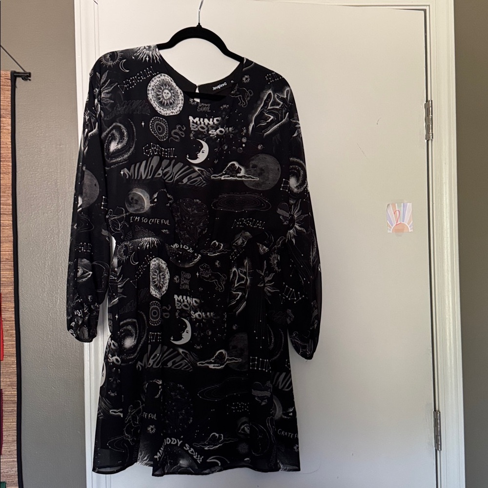 Desigual Black Dress with Graphic Patterns, elastic waist sheer sleeves 35 inch